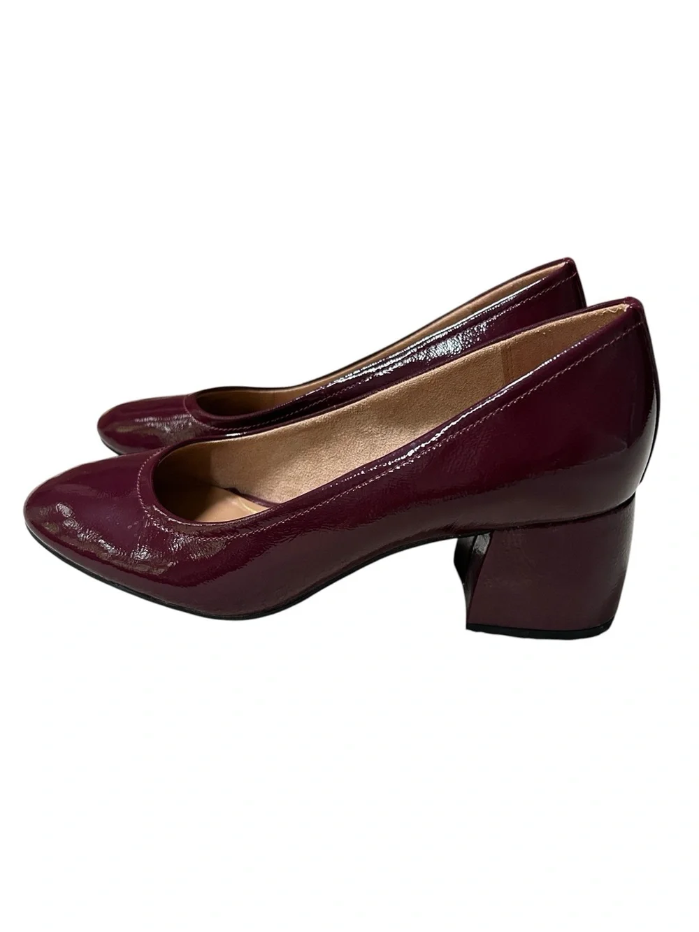 Vionic Carmel Syrah Crinkle Patent Burgundy Block Heel Comfort Pumps, Size 9